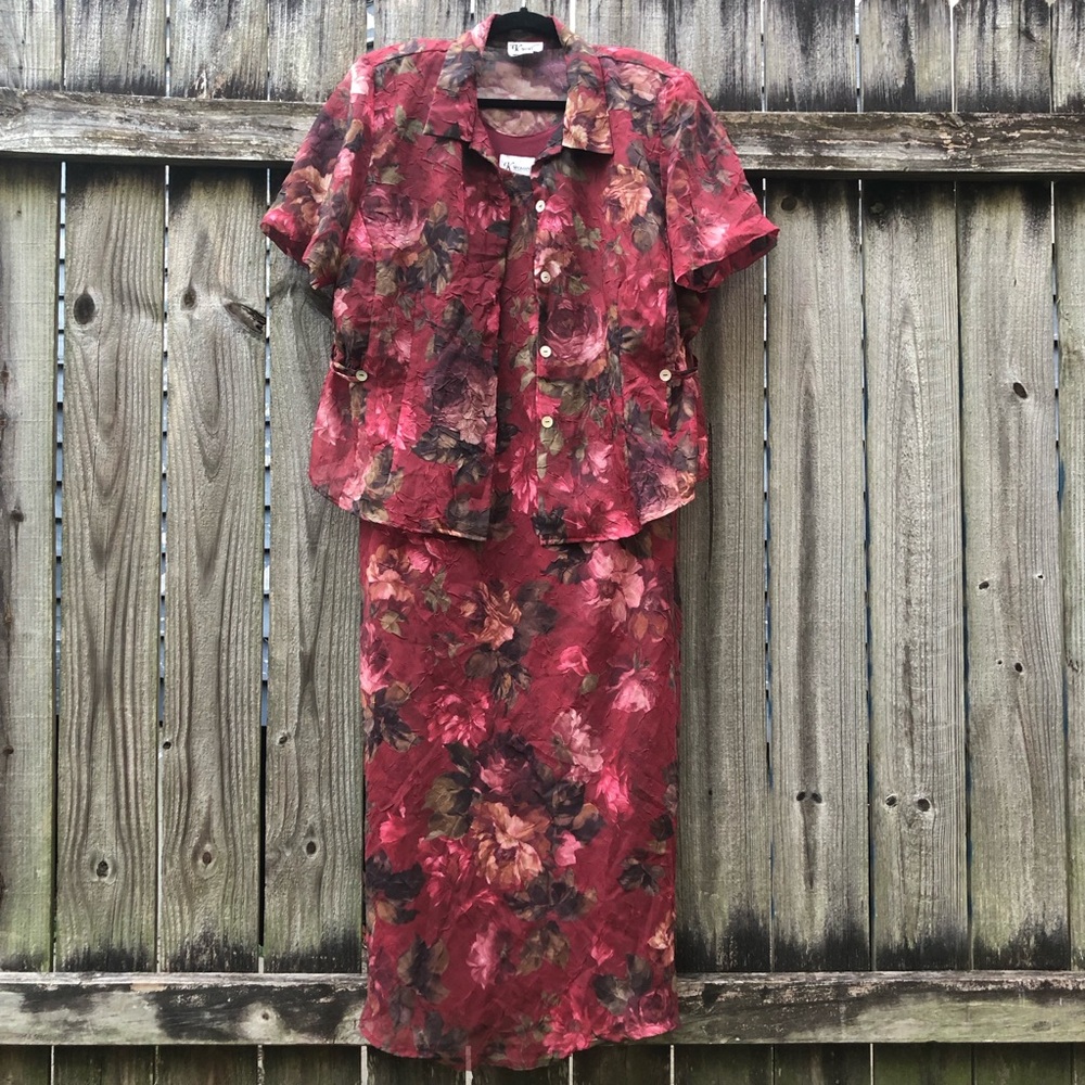 Vintage K Woman Fairy Dress and Jacket Set Size 20W Red Floral Sheer Bias Cut